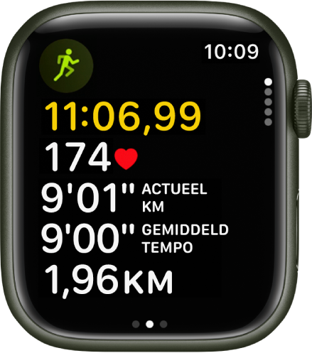 Een hardloopwork-out waarbij de verstreken tijd, de hartslag, het actuele tempo, het gemiddelde tempo en de totale afstand worden weergegeven.