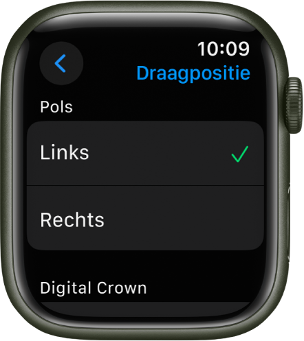 Het Draagpositie-scherm op de Apple Watch. Je kunt instellen om welke pols je de Apple Watch draagt en aan welke kant de Digital Crown zich bevindt.