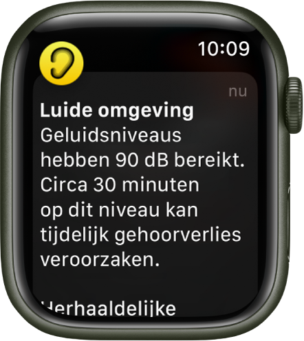 Apple Watch met een geluidsmelding. Het symbool van de app waar de melding bij hoort, verschijnt linksbovenin. Tik erop om de app te openen.