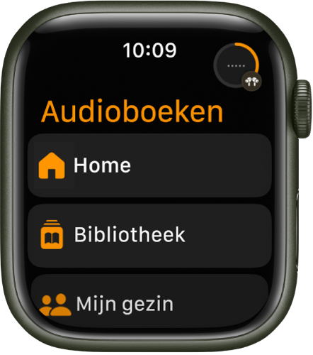 De Audioboeken-app, met de knoppen 'Home', 'Bibliotheek' en 'Mijn gezin'.
