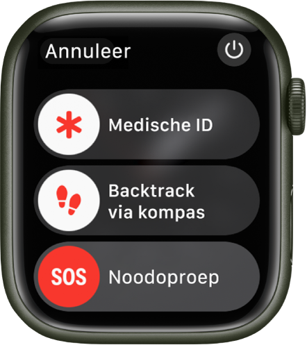 Het scherm van de Apple Watch met drie schuifknoppen: 'Medische ID', 'Backtrack via kompas' en 'Noodoproep'. Rechtsbovenin bevindt zich de aan/uit-knop.
