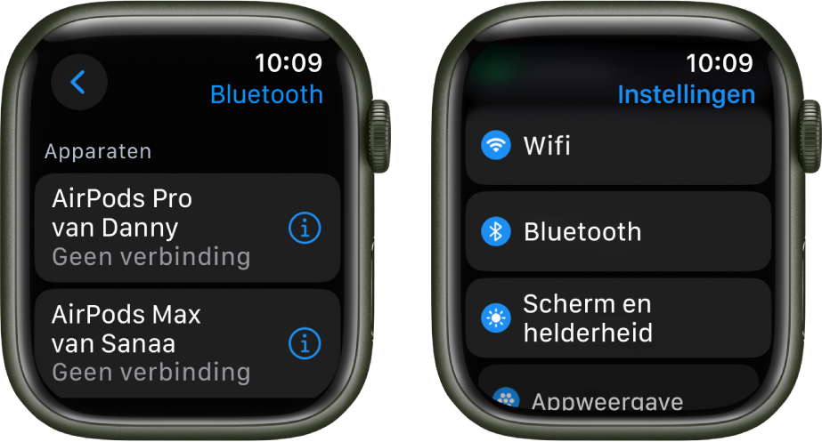 Twee schermen naast elkaar. Links zie je een scherm met twee beschikbare Bluetooth-apparaten: AirPods Pro en AirPods Max, die beide niet zijn verbonden. Rechts zie je het Instellingen-scherm met een lijst met de knoppen 'Wifi', 'Bluetooth', 'Scherm en helderheid' en 'Appweergave'.