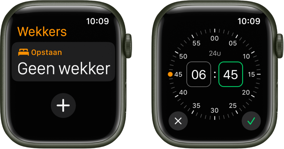Twee Apple Watch-schermen waarin te zien is hoe je een wekker instelt: Tik op 'Nieuwe wekker', tik op 'a.m.' of 'p.m.' (indien aanwezig), draai de Digital Crown om het tijdstip aan te passen en tik op de knop met het vinkje.
