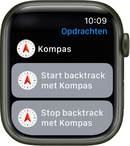 De Opdrachten-app op de Apple Watch met twee Kompas-opdrachten: 'Start Backtrack via kompas' en 'Stop Backtrack via kompas'.