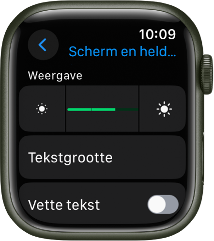 Het instellingenscherm 'Scherm en helderheid' op de Apple Watch, met bovenin de schuifknop 'Helderheid' en daaronder de knop 'Tekstgrootte'.