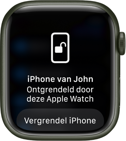 Apple Watch-scherm met de melding ''iPhone van Bram' ontgrendeld door deze Apple Watch'. Daaronder staat de knop 'Vergrendel iPhone'.