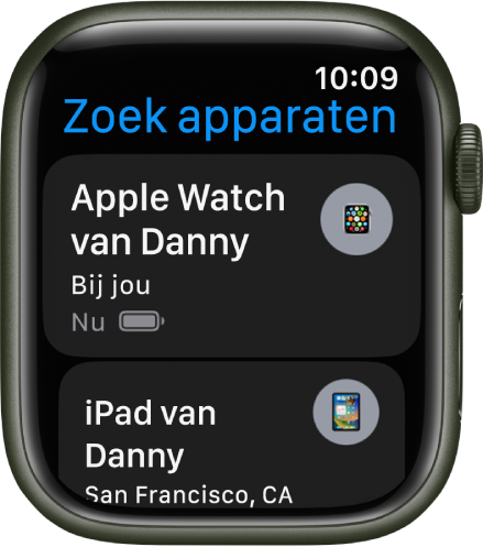 De app Zoek apparaten met twee apparaten: een Apple Watch en een iPad.