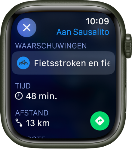 De Kaarten-app met de details van een fietsroute. Bovenin staan waarschuwingen over de route en daaronder staan de tijd en de afstand tot de bestemming. Rechtsonderin bevindt zich de knop 'Start'.