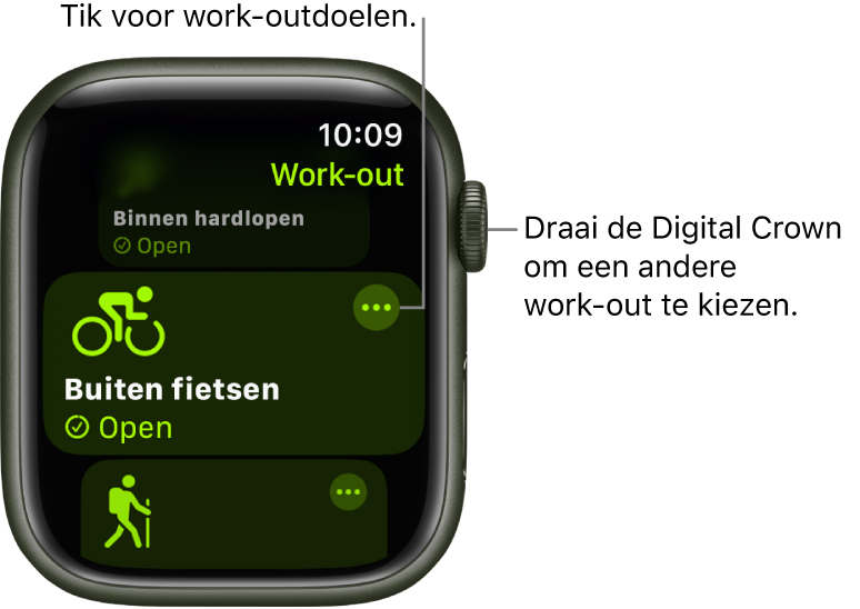 Het Work-out-scherm, met de work-out 'Buiten fietsen' geselecteerd. Rechtsboven in de work-outtegel staat de knop 'Meer'.