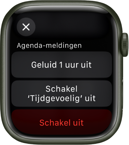 Meldingsinstellingen op de Apple Watch. Op de bovenste knop staat 'Geluid 1 uur uit'. Daaronder staan de knoppen 'Schakel 'Tijdgevoelig' uit' en 'Schakel uit'.