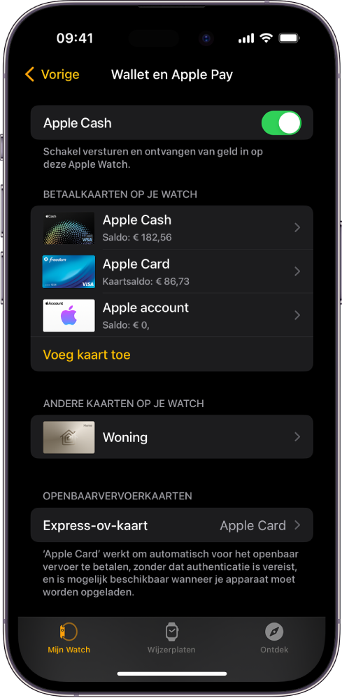 Het scherm Wallet en Apple Pay in de Apple Watch-app op de iPhone. Op het scherm zie je kaarten die aan de Apple Watch zijn toegevoegd en de gekozen ov-kaart.