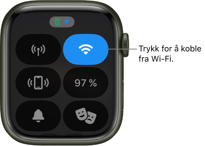 Kontrollsenter på Apple Watch (GPS + Cellular) med Wi-Fi-knappen oppe til høyre. Forklaring med teksten «Trykk for å koble fra Wi-Fi».
