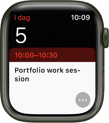 Kalender-skjerm som viser en hendelse med dato, klokkeslett og tittel. Mer-knappen er nederst til høyre.