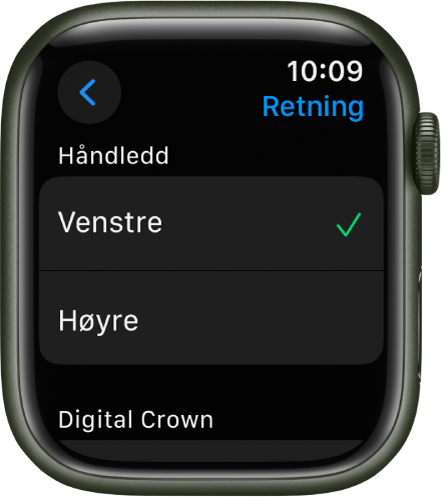 Retning-skjermen på Apple Watch. Du kan angi valg for arm og Digital Crown.