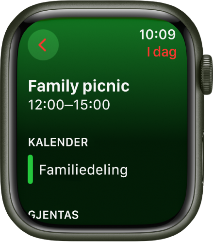 Kalender-skjerm som viser en ny hendelse. Navnet på hendelsen vises øverst, og tidspunktet for hendelsen vises under. Datoen for hendelsen er øverst til høyre. Under Kalender-overskriften vises navnet på kalenderen som hendelsen tilhører.