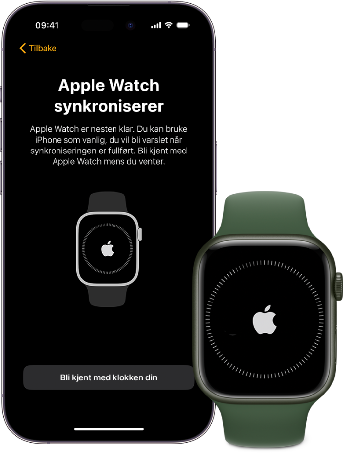 En iPhone og Apple Watch ved siden av hverandre. iPhone-skjermen viser «Apple Watch synkroniserer». Apple Watch viser synkroniseringsframdriften.