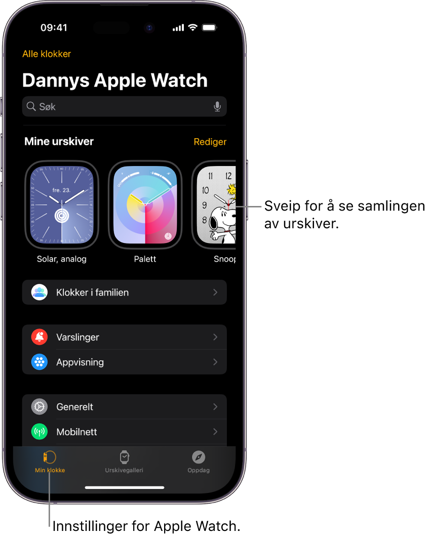 Apple Watch-appen på iPhone med Min klokke-skjermen, som viser urskivene dine på toppen og innstillinger nedenfor. Det er tre faner nederst på skjermen for Apple Watch-appen. Den venstre fanen er Min klokke, hvor du går for å finne Apple Watch-innstillinger. Den neste fanen er Urskivegalleri, hvor du kan utforske tilgjengelige urskiver og komplikasjoner. Deretter følger Oppdag, hvor du kan finne ut mer om Apple Watch.
