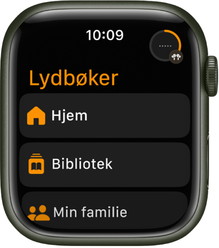 Lydbøker-appen som viser knappene Hjem, Bibliotek og Min familie.