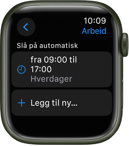 Jobbfokusskjermen med en tidsplan fra 09.00 til 17.00 på ukedager. Legg til ny-knappen er under.