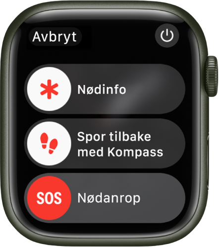 Apple Watch-skjermen med tre skyveknapper: Nødinfo, Spor tilbake med Kompass og Nødanrop. Slå av-knappen vises øverst til høyre.