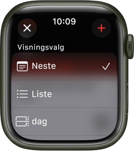 Kalender-skjerm som viser visningsvalg – Neste, Liste og Dag. Legg til-knappen vises øverst til høyre.