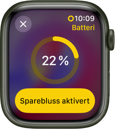 Spareblussmodus-skjermen med en delvis gul ring som indikerer gjenværende strømnivå. 22 prosent vises midt i ringen. Spareblussmodus på-knappen vises nederst. En Lukk-knapp vises øverst til venstre.