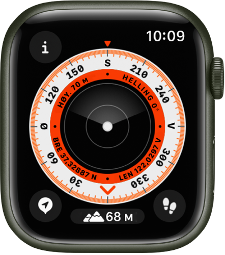 Kompass-appen som viser en urskive med høyde, helling og koordinater i en innvendig ring. Den ytre ringen viser kompassretningen i grader. Info-knappen er øverst til venstre, Rutepunkter-knappen er nederst til venstre, Høyde-knappen er nederst i midten og Spor tilbake-knappen er nederst til høyre.
