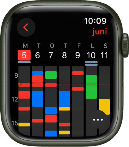 Kalender-appen som viser hendelser for uken. Hver hendelse er fargekodet for å vise hvilken kalender den tilhører. Navnet på måneden er øverst til høyre, og dagene og datoene vises langs toppen. Heldagshendelser er markert med en linje under hver dags dato. En linje over uken viser klokkeslettet. Mer-knappen er nederst til høyre.