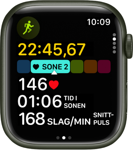 En løpeøkt pågår og viser tid, sonen du er i, puls, tid i sonen og snittpuls.