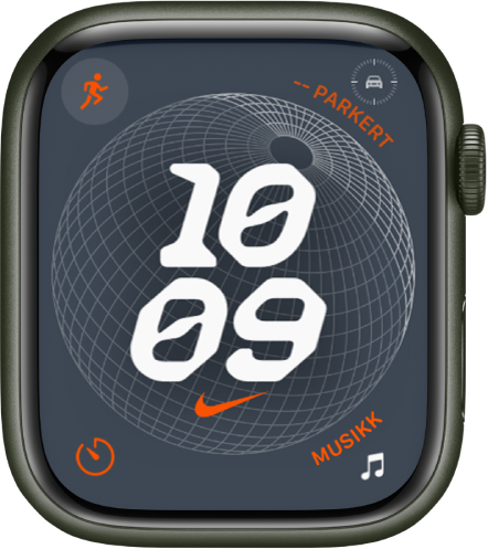 Nike Globe-urskiven som viser en digital klokke i midten, og fire komplikasjoner: Trening øverst til venstre, Rutepunkt til parkert bil øverst til høyre, Nedtelling nederst til venstre og Musikk nederst til høyre.