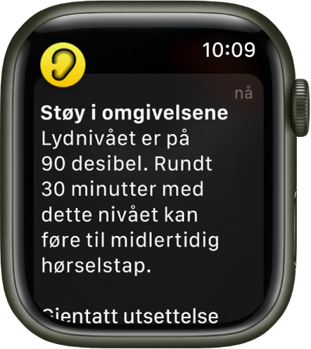 Apple Watch som viser en støyvarsling. Symbolet for appen som varslingen gjelder for, vises øverst til venstre. Du kan trykke på den for å åpne appen.