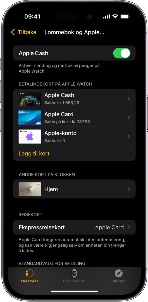 Lommebok og Apple Pay-skjermen i Apple Watch-appen på iPhone. Skjermen viser kort som er lagt til på Apple Watch, og kortet du har valgt å bruke for ekspressreise.