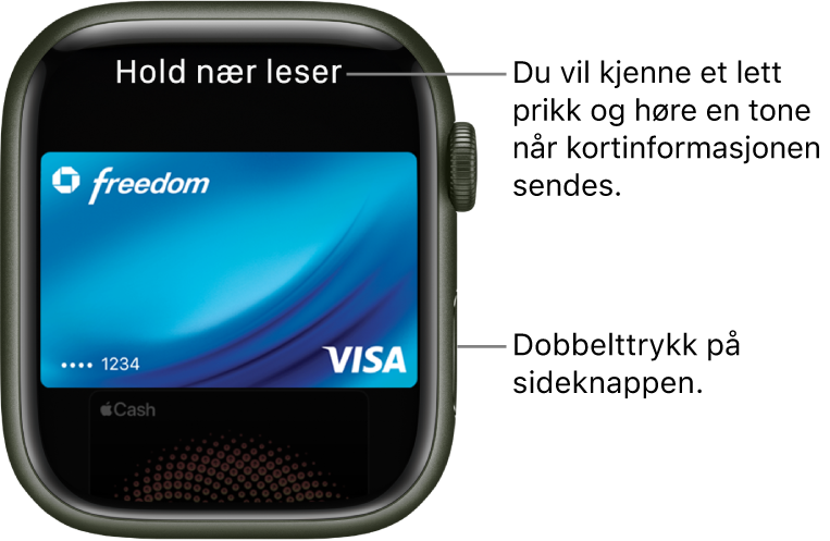 Apple Pay-skjerm med «Hold nær leser» øverst. Et lett prikk og et pip bekrefter at betalingsinformasjonen er sendt.