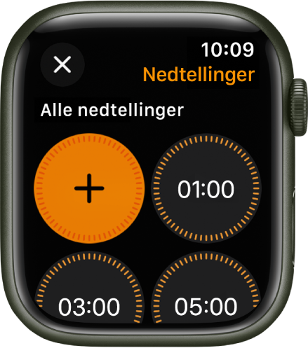 Nedtelling-appskjermen som viser Legg til-knappen for å legge til en ny nedtelling, og nedtelling for 1, 3 og 5 minutter.