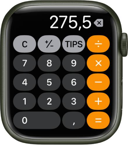 Apple Watch som viser Kalkulator-appen. Skjermen viser et vanlig talltastatur med matematiske funksjoner til høyre. Langs toppen er knappene C, pluss eller minus og Tips.