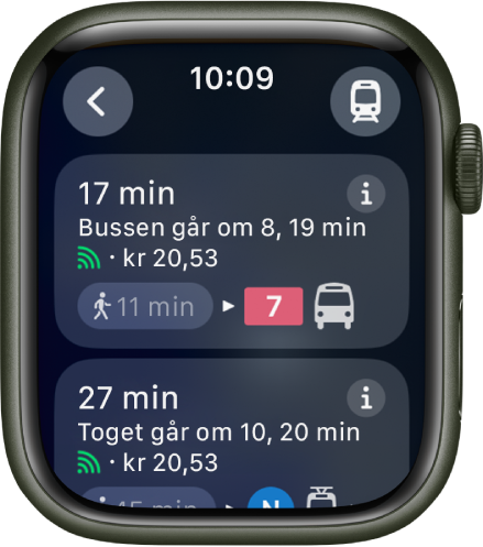 Kart-appen som viser informasjon om en tur med kollektivtransport. Transportmidler-knappen vises nederst til høyre, og en Tilbake-knapp vises øverst til venstre. Under vises de to første delene av reisen – en busstur og en togtur – med detaljer om begge to.