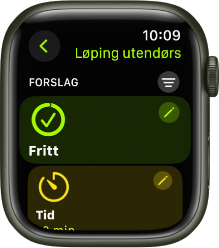 Trening-appen som viser en skjerm for å redigere en Løping utendørs-treningsøkt. Åpne-ruten vises i midten med en Rediger-knapp øverst til høyre. Nedenfor vises en del av Tid-ruten.
