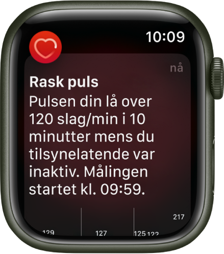 En pulsvarsel-skjerm som viser at rask puls er registrert.