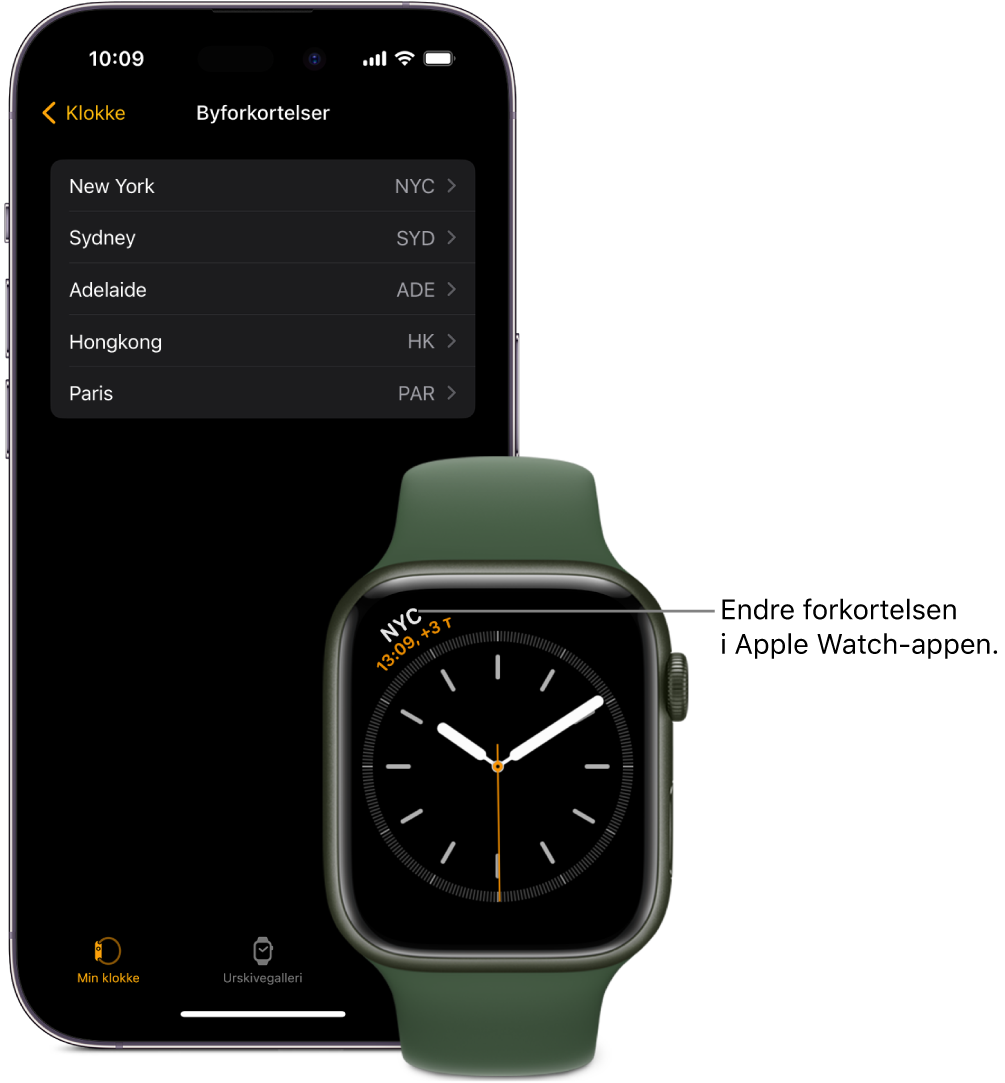 En iPhone og Apple Watch ved siden av hverandre. Apple Watch-skjermen viser klokkeslettet i New York City, med forkortelsen NYC. iPhone-skjermen viser en liste over byer i Klokke-innstillinger i Apple Watch-appen.