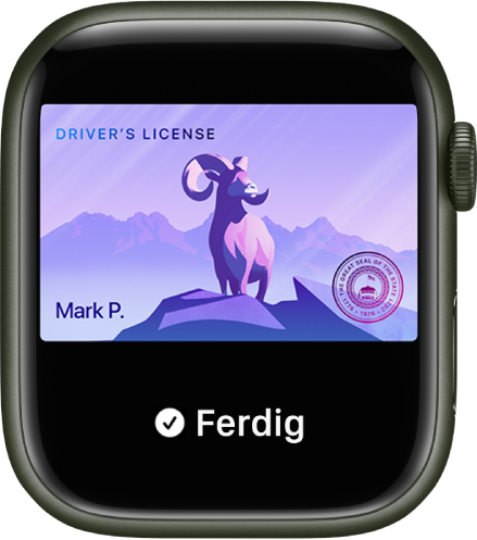 Et førerkort vist på Apple Watch. Ordet Ferdig vises nederst.