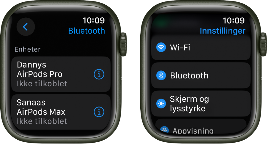 To skjermer ved siden av hverandre. Til venstre er det en skjerm som viser to tilgjengelige Bluetooth-enheter: AirPods Pro og AirPods Max, ingen av dem er tilkoblet. Til høyre er Innstillinger-skjermen som viser knappene Wi-Fi, Bluetooth, Skjerm og lysstyrke og Appvisning i en liste.
