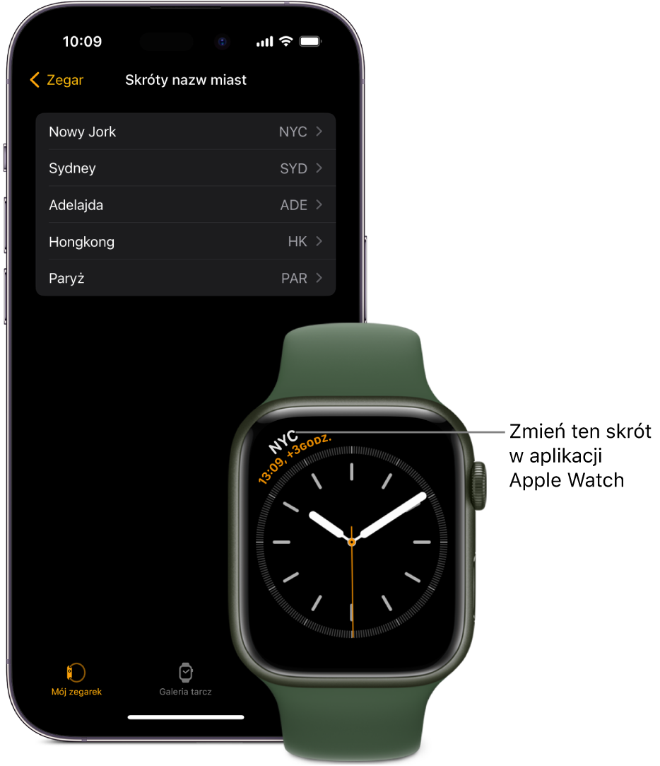 iPhone oraz Apple Watch. Apple Watch wyświetla godzinę w Nowym Jorku, oznaczonym skrótem NYC. Na ekranie iPhone’a widoczna jest lista miast znajdującą się w ustawieniach zegara w aplikacji Apple Watch.