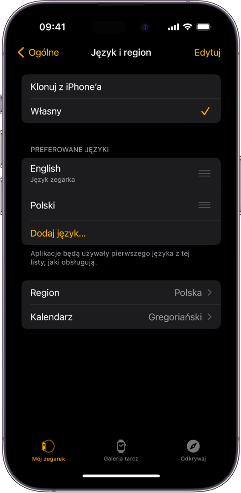 Ekran Język i region w aplikacji Watch, na górze ekranu widoczne są dwa języki pod etykietą Preferowane języki.