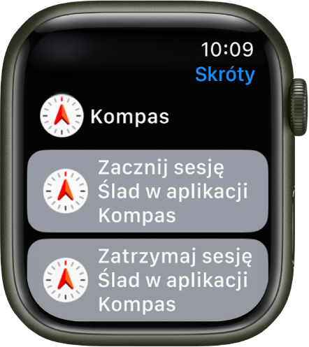 Aplikacja Skróty na Apple Watch wyświetlająca dwa skróty aplikacji Kompas: Zacznij sesję Ślad w aplikacji Kompas oraz Zatrzymaj sesję Ślad w aplikacji Kompas.