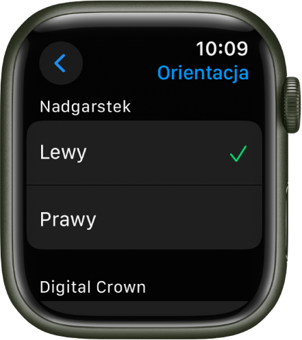 Ekran orientacji na Apple Watch. Na obu możesz ustawić preferowany nadgarstek i pozycję Digital Crown.