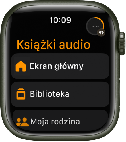 Aplikacja Książki audio wyświetlająca przyciski Ekran główny, Biblioteka oraz Moja rodzina.