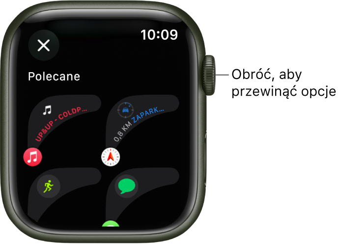 Ekran dostosowywania tarczy zegarka wyświetlający polecane komplikacje. Aby przeglądać komplikacje, obracaj Digital Crown.