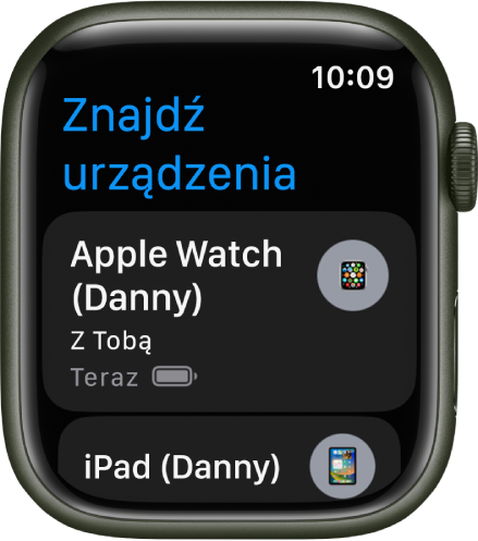 Ekran aplikacji Znajdź urządzenia z dwoma urządzeniami: Apple Watch i iPadem.