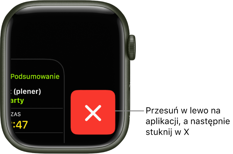 Ekran przełączania aplikacji wyświetlający duży znak X po prawej oraz fragment aplikacji po lewej. Stuknij w X, aby usunąć daną aplikację z ekranu przełączania aplikacji.