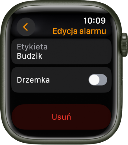 Ekran edycji alarmu ze znajdującym się na dole przyciskiem Usuń.